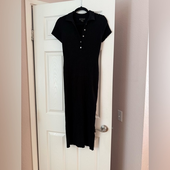 House of Harlow 1960 Ribbed Knit Midi Dress Short Sleeve Collared Black Slit, M - Picture 1 of 5